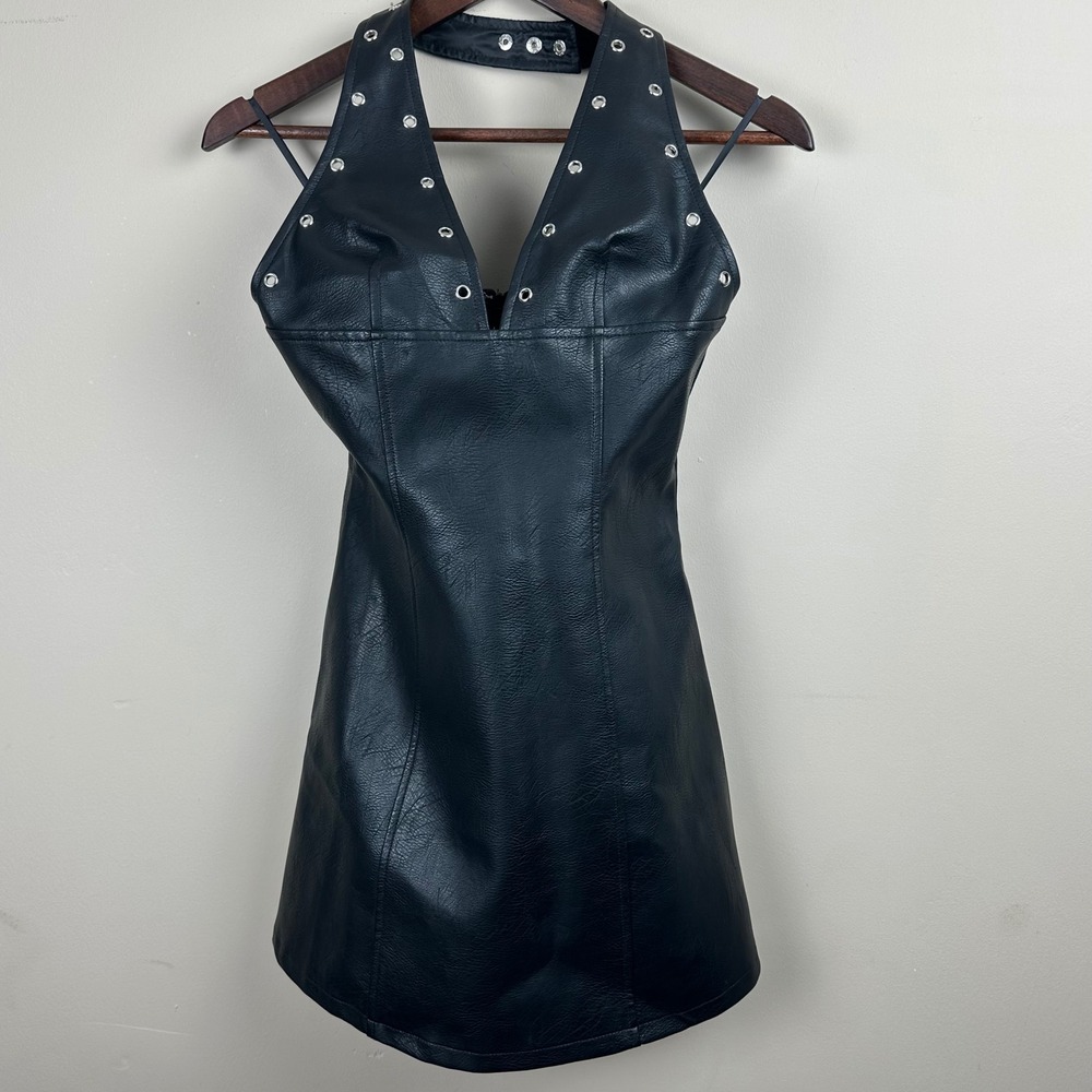 Princess Polly Hit Different Faux Leather Mini Dress Black US 4 NWT Grommet